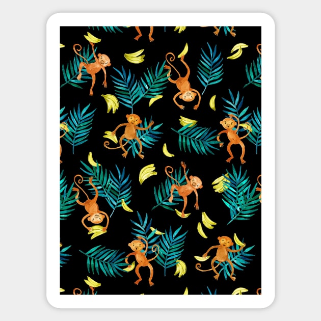 Tropical Monkey Banana Bonanza on Black Sticker by micklyn